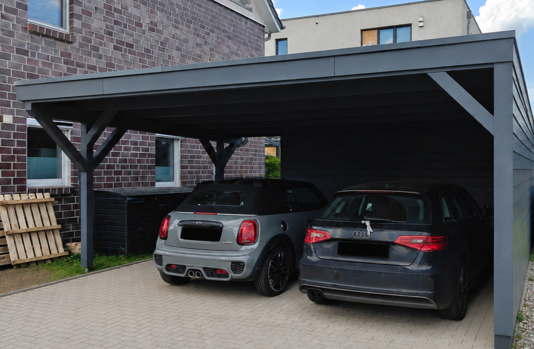 Fertige Carportanlage mit Geräteschuppen